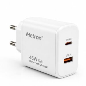 Metron 45W GaN Charger USB Type C, Ultra-Fast Dual Port for Fast Charging, Compact & Lightweight,