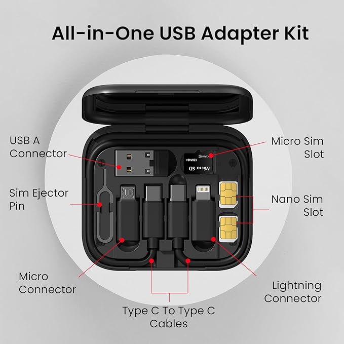 Metron 8-in-1 Mobile Accessories Kit | OTG Adapter, Data Cable, SIM Adapter & Phone Stand Combo - Image 2