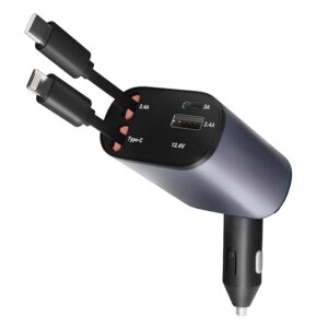 Metron 3-in-1 Fast Car Charger with Built-in Type-C & Lightning Cable | Dual Output USB Car Charger