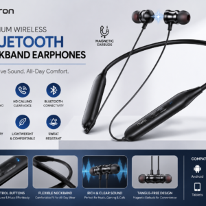 Metron Premium Wireless Bluetooth Neckband Earphones with Deep Bass, Magnetic Earbuds, HD Calling, Bluetooth Connectivity & Long Battery Backup