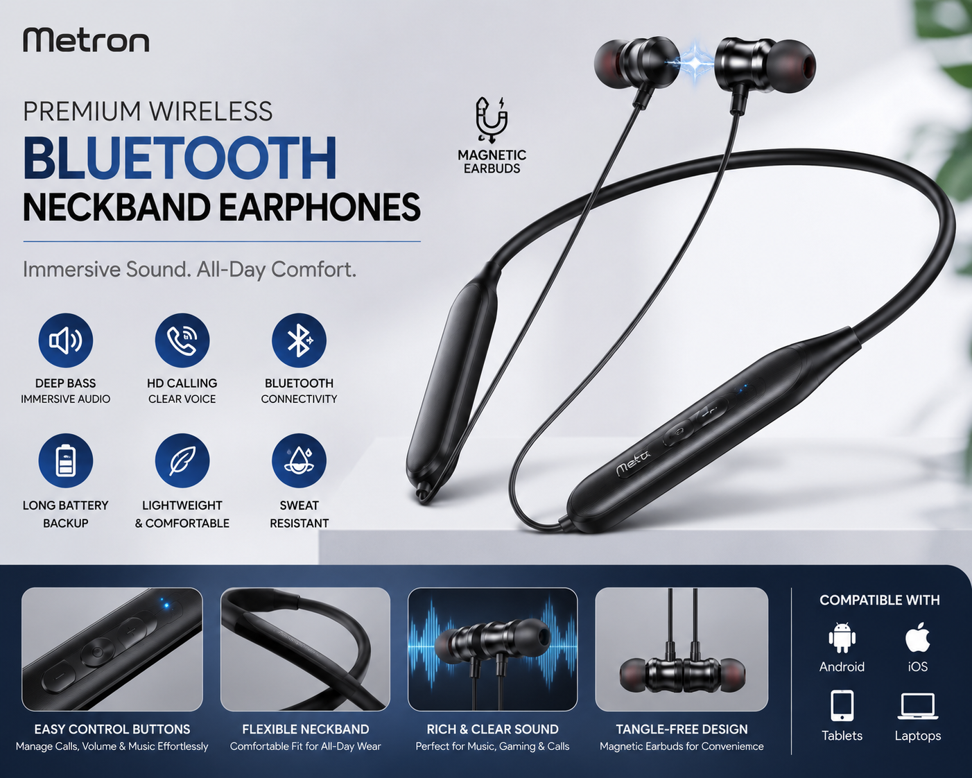 Metron Premium Wireless Bluetooth Neckband Earphones with Deep Bass, Magnetic Earbuds, HD Calling, Bluetooth Connectivity & Long Battery Backup