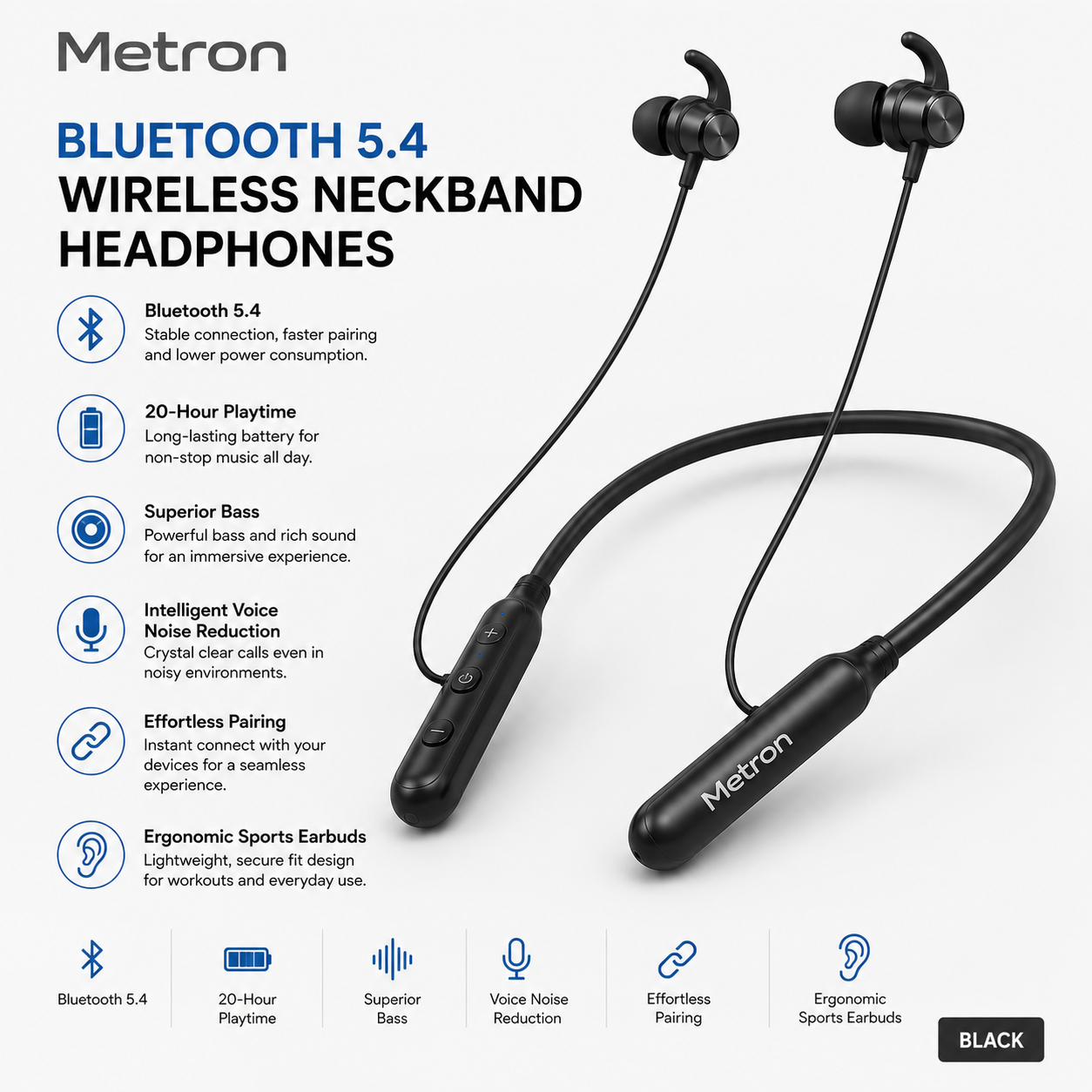 Metron Bluetooth 5.4 Wireless Neckband Headphones, 20-Hour Playtime, Superior Bass with Intelligent Voice Noise Reduction, Crystal Clear Calls & Effortless Pairing, Ergonomic Sports Earbuds (Black) - Image 2