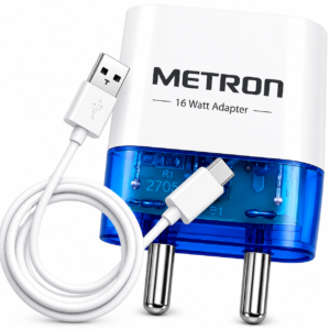 Metron 16W Fast Charger Adapter with USB-A to Type-C Cable | Universal Mobile Charging Kit