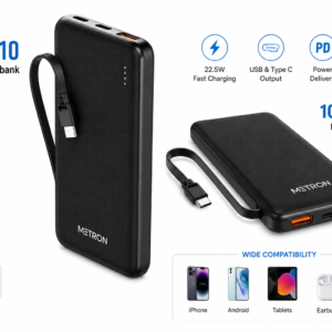 Metron 10000mAh Slim & Compact Powerbank with in-Build Type C Cable, 22.5W Fast Charging, USB & Type C Output, Power Delivery, Quick Charge for iPhone, Android & Tablets, Earbuds, (Stylo N10,Black)
