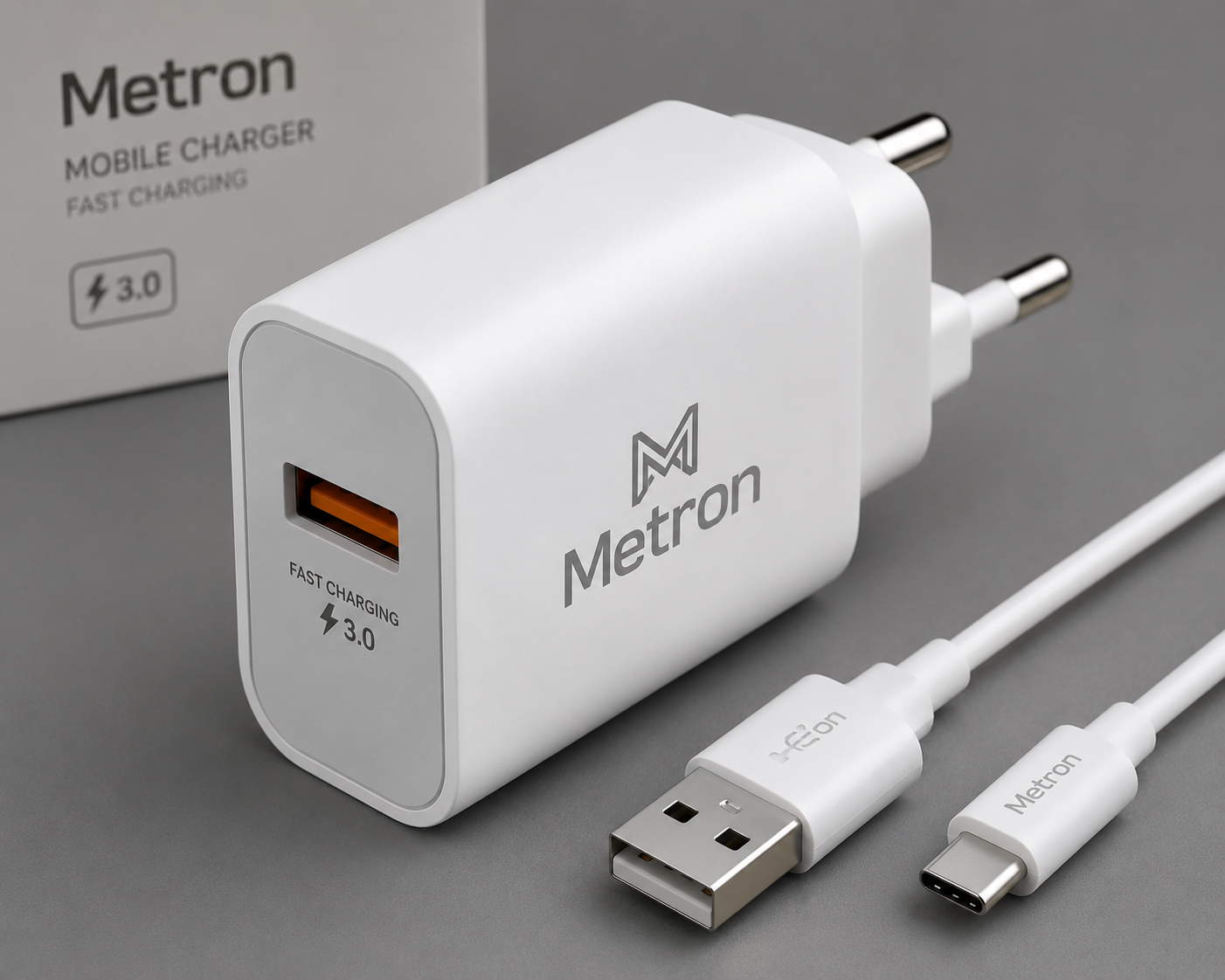Metron 3.0 Fast Charging Mobile Charger with Type-C Cable | Single USB Port Wall Adapter | Universal Smartphone Charger