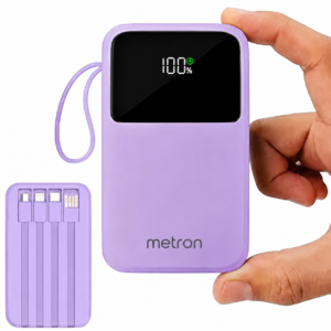 Metron Mini Power Bank 10000mAh with Built-in Multi Charging Cables & LED Display (Purple)