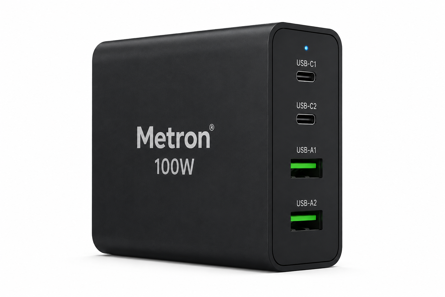 Metron 100W USB-C GaN Fast Charger | 4-Port Fast Charging Adapter with Dual USB-C & Dual USB-A | Compact Travel Charger for Laptop, MacBook, iPhone, Android & Tablets