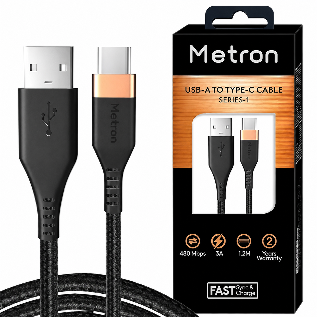 Metron USB-A to Type-C Fast Charging Cable | 3A Fast Charge | Braided Data Cable | 1.2 Meter - Image 2