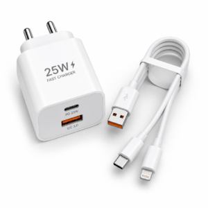 Metron 25W Fast Charger with 4-in-1 Multi Charging Cable | Dual USB Fast Charging Adapter | Type-C PD Wall Charger for iPhone, Android, Tablets & More