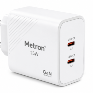 Metron 25W Dual USB Type-C Travel Adaptor with GaN Technology for Google Pixel, Xiaomi, Motorola, iPhone, Samsung Galaxy Tab S/A Series, Galaxy S10/M54/M55/A80/A90/S25/S24 (White)