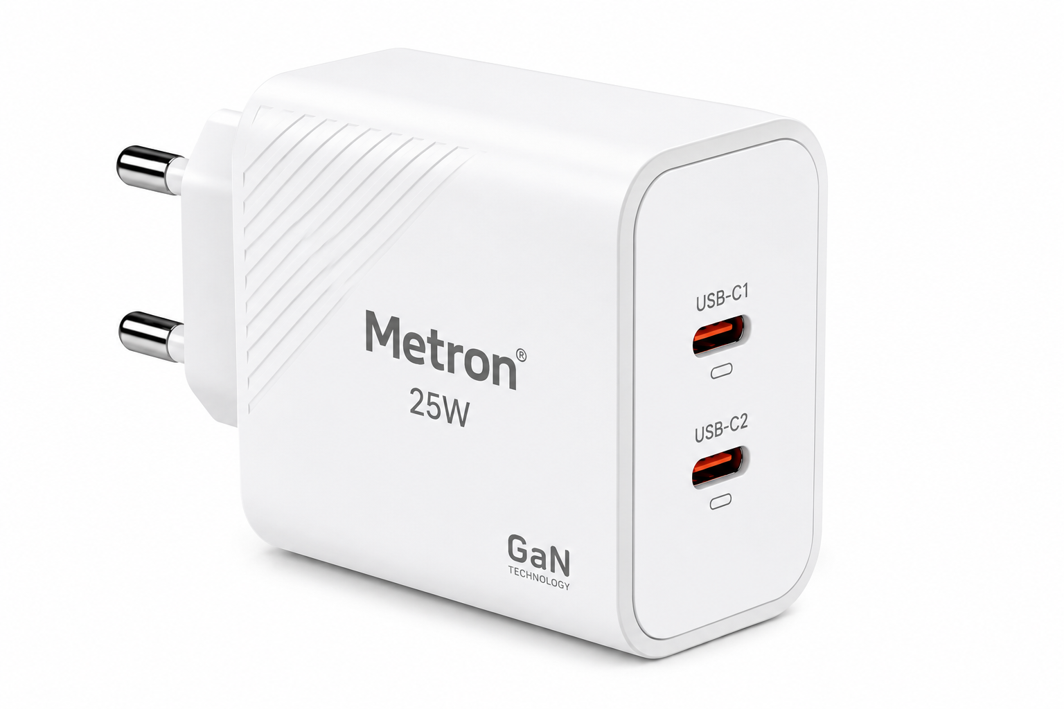 Metron 25W Dual USB Type-C Travel Adaptor with GaN Technology for Google Pixel, Xiaomi, Motorola, iPhone, Samsung Galaxy Tab S/A Series, Galaxy S10/M54/M55/A80/A90/S25/S24 (White)