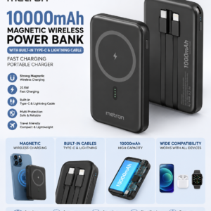 METRON 10000mAh Magnetic Wireless Power Bank with Built-in Type-C & Lightning Cable | Fast Charging Portable Charger