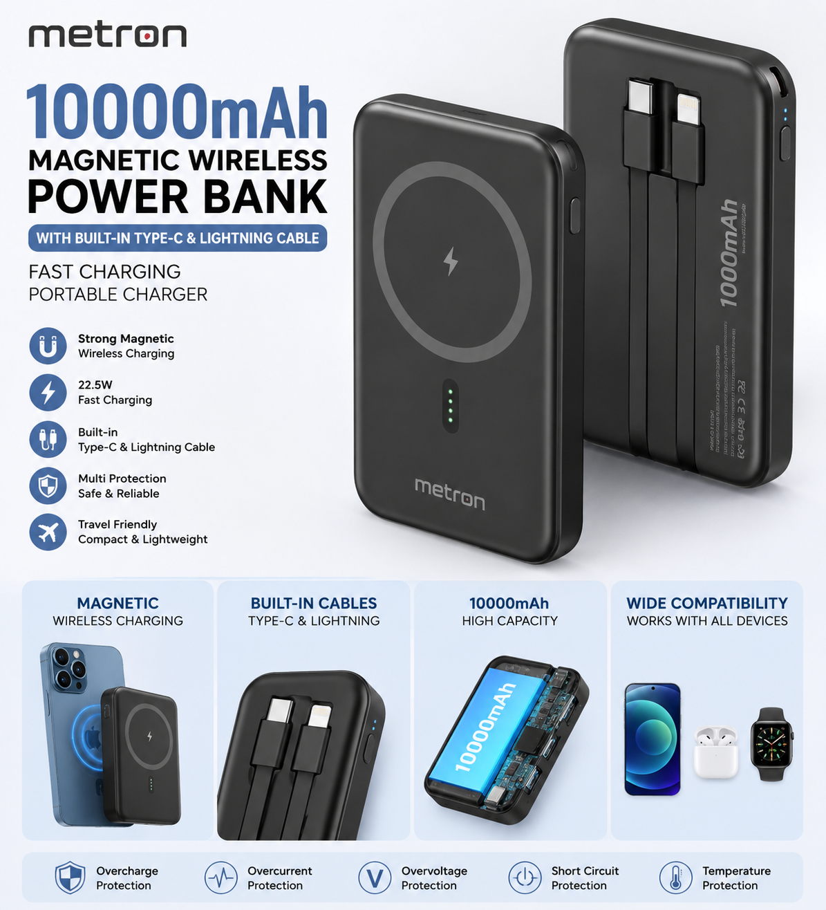 METRON 10000mAh Magnetic Wireless Power Bank with Built-in Type-C & Lightning Cable | Fast Charging Portable Charger