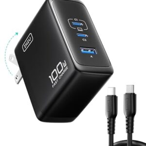 METRON 100W GaN Fast Charger | Dual USB-C + USB-A 3-Port Wall Charger with Type-C to Type-C Cable | PD & QC Fast Charging Adapter | Black