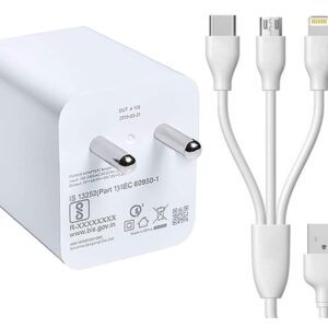Metron 3-in-1 Fast Charging Cable with USB Wall Charger | Type-C, Micro USB & Lightning Multi Charging Kit
