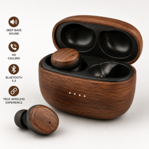 METRON Wooden Finish TWS Bluetooth Earbuds | Wireless Earphones with Charging Case | Deep Bass Sound | HD Calling (Brown Wood Texture)