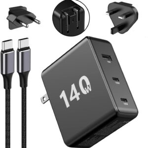 METRON 140W GaN Fast Charger | 3-Port USB-C + USB-A PD Wall Adapter with Type-C Cable | Universal Fast Charging Adapter | Black