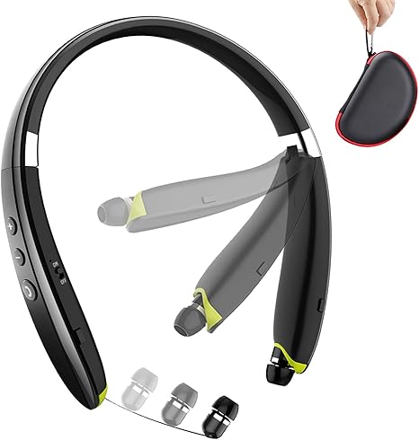 Metron Wireless Bluetooth Neckband Headset with Retractable Earbuds & Carry Case (Black)