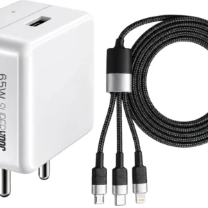 Metron 65W SuperVOOC Fast Charger with 3-in-1 Multi Charging Cable (Type-C, Micro USB & Lightning) | USB Wall Adapter | Fast Charging Travel Charger | White