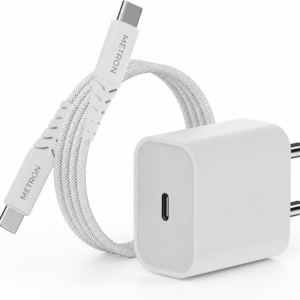 METRON 25W PD Fast Charging USB Type-C Adapter with Braided Type-C to Type-C Cable | Super Fast Charger for Android Smartphones & Tablets | White