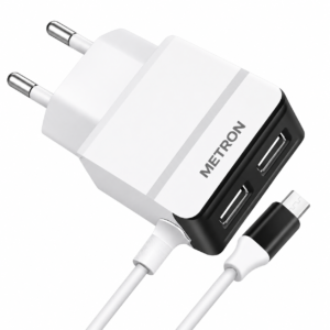 : METRON 2 Port USB Fast Charging Adapter with Micro USB Cable | 2.1A Mobile Charger