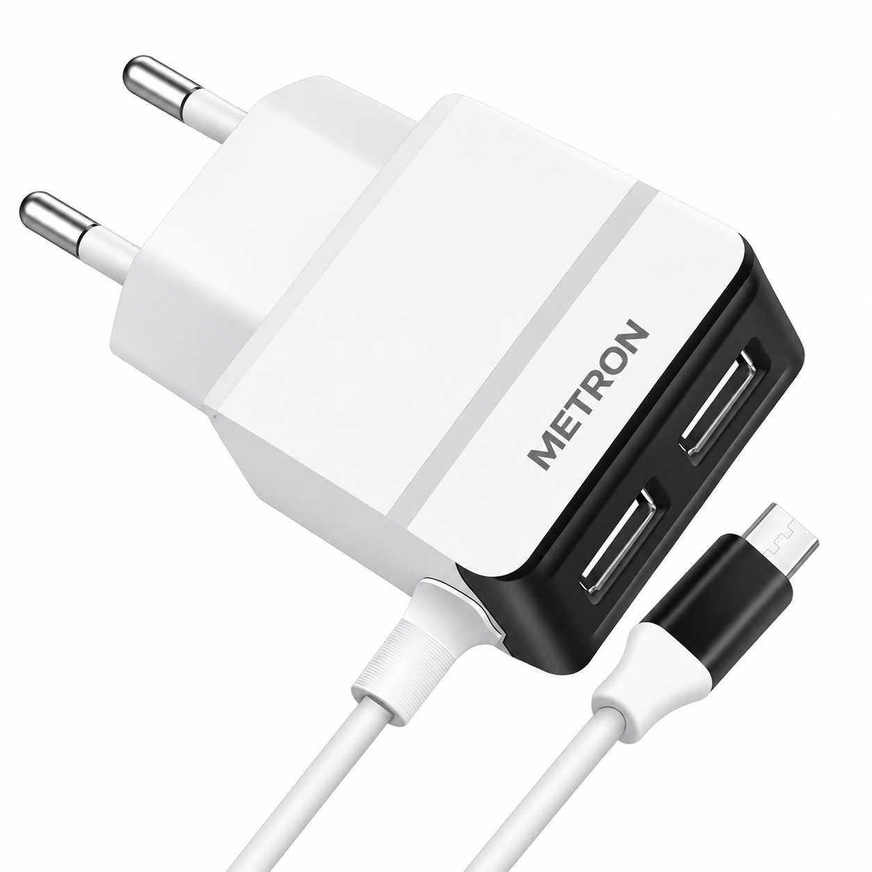 : METRON 2 Port USB Fast Charging Adapter with Micro USB Cable | 2.1A Mobile Charger