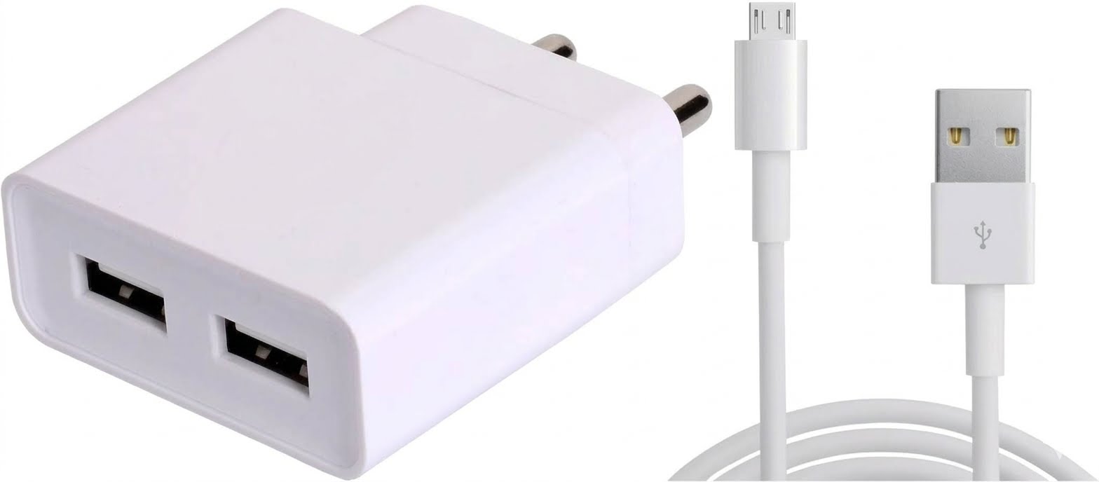 Metron 12W Dual USB Ports Wall Charger Adapter (5V/2.4A) with 1-Meter Micro USB Charging Cable – White Edition