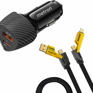 Metron 30W Fast Car Charger Combo with 3-in-1 Fast Charging Cable | USB + Type-C PD Port | Universal Car Mobile Charger