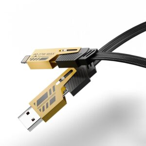 Metron 27W PD Fast Charging 3-in-1 Multi Charging Cable | USB to Lightning + Type-C + Micro USB | 1.2 Meter Braided Cable | Black & Gold