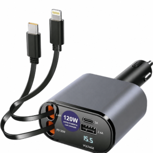 METRON 120W 4-in-1 Fast Car Charger with Built-in Type-C & Lightning Cable | USB + PD Type-C Port | Digital Voltage Display | Universal Car Mobile Charger