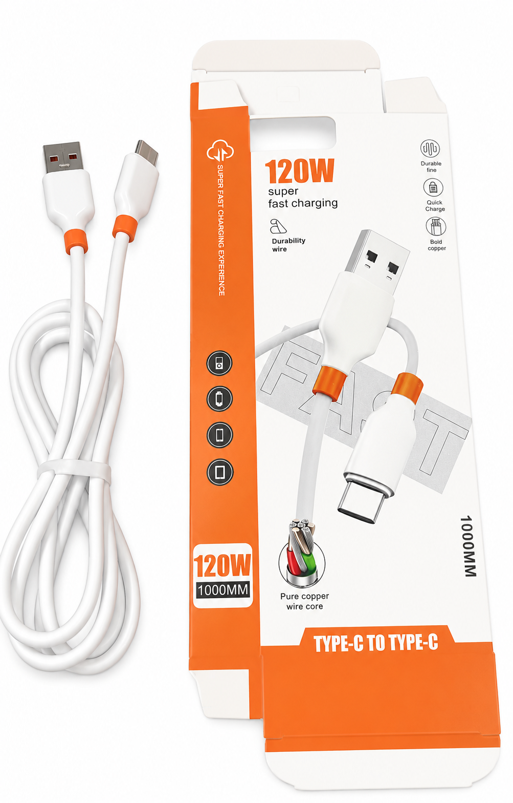 Metron 120W USB to Type-C Super Fast Charging Cable | 6A Fast Charge | 1 Meter | High-Speed Data Sync | White