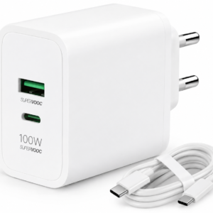 Metron 100W SuperVOOC Fast Charger Adapter with USB-A & USB-C Port | Dual Port Wall Charger | Type-C to Type-C Cable Included | White