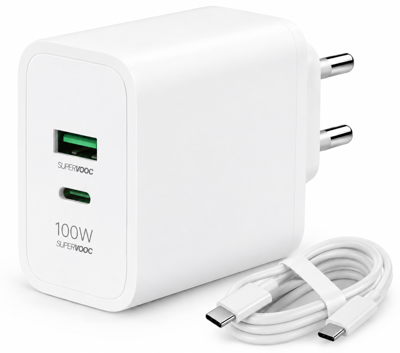 Metron 100W SuperVOOC Fast Charger Adapter with USB-A & USB-C Port | Dual Port Wall Charger | Type-C to Type-C Cable Included | White
